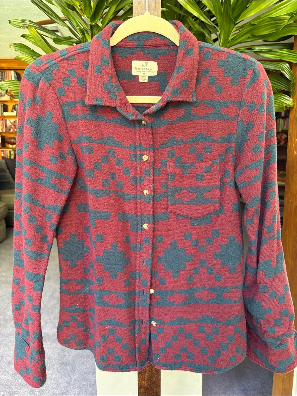 Marine Layer women's button-down fleece in burgundy and navy Aztec pattern